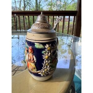 Vintage German Hand Painted Beer Stein Pewter Lid Edelweiss Relief Mug